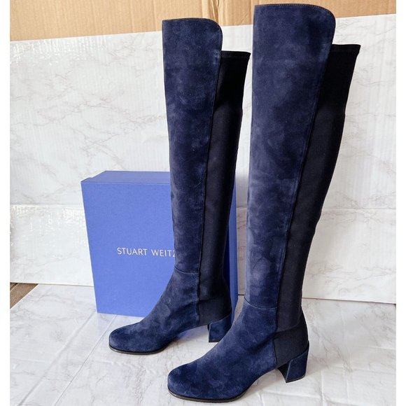 Stuart Weitzman 5050 City Block OTK Boot Over the Knee Blue Suede EU 37 US 6.5 - Picture 3 of 11